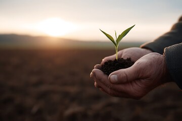 Hopeful farmer gently holds seedling at dawn, symbolizing new beginnings and sustainable agriculture for a greener future with a focus on growth and resilience