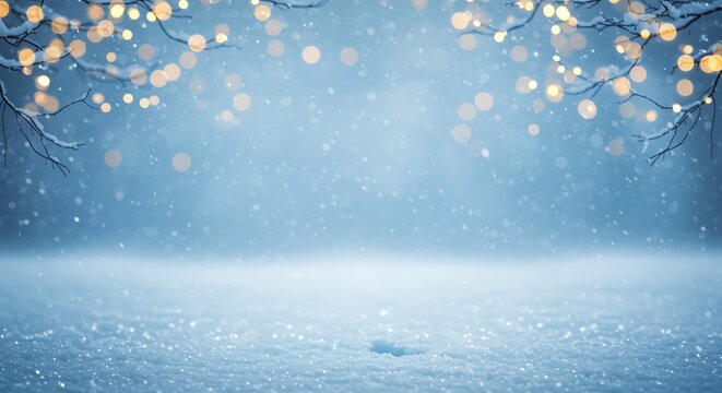 Snowy branches with warm lights winter falling snow