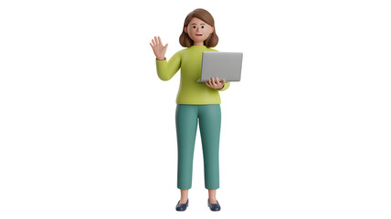 Cheerful woman waves hello holding laptop, ready for business communication and collaboration