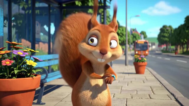 Animated squirrel waits at bus stop, checking watch, street background. Use for children's advertising