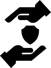 Insurance Hand Protection Concept Icon symbolism of trust, care, and financial safety. This premium black minimal vector shows a stylized human hand gently holding a shield, support, and reliability.