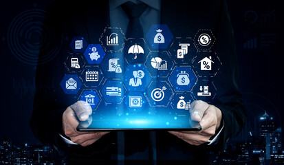 Personal finance with savings, investment and budgeting icons showing money management, financial planning and personal economic strategy. Entice