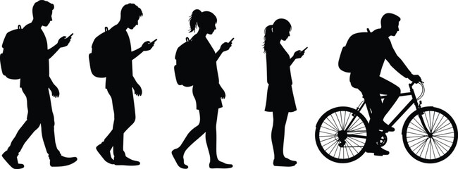 Silhouette people using smartphones, walking and biking with backpacks, modern technology addiction concept, mobile phone distraction, digital lifestyle vector design
