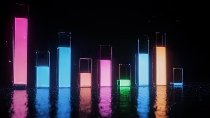 Abstract Glowing Bar Chart with Colorful Neon Lights on Dark Reflective Surface - Powered by Adobe