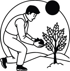 man-planting-a-small-tree-in-the-ground-at-sunset.eps