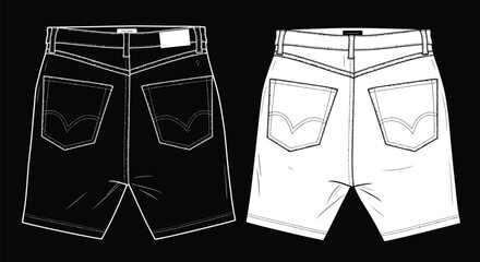 Illustration of black and white denim shorts with back pockets on a black background display fashion