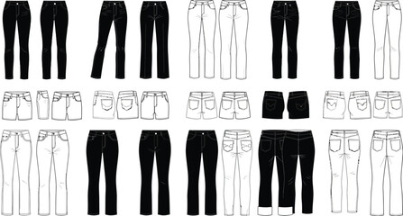 Assortment of black and white jeans and shorts in various styles and designs on a white background