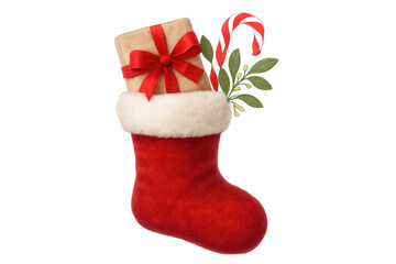 Red christmas stocking filled with gift, candy cane, mistletoe, celebrating holiday season festivities