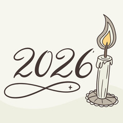 Stylized drawing of a lit candle beside the year 2026 in elegant script Keywords: 2026, year