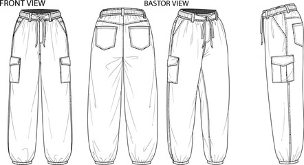 Technical drawing of baggy cargo pants with elastic waistband and pockets in multiple views