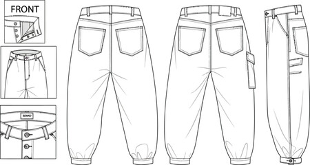 Technical drawing of balloon jeans with front back and side views showing design details and construction
