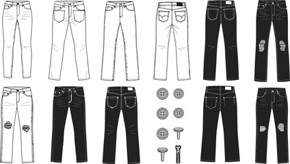 Various styles of jeans in black and white with buttons and zippers on a white background