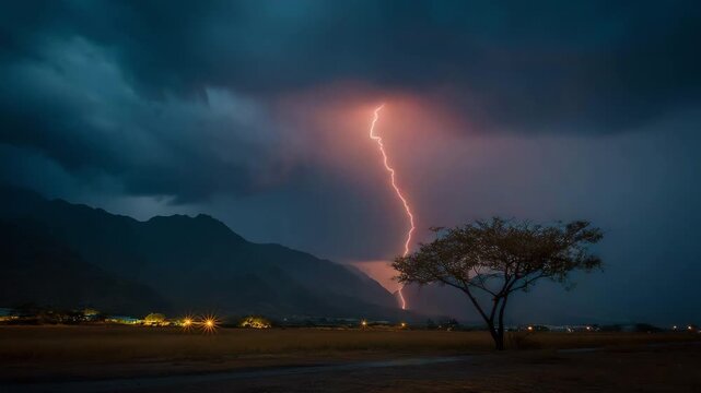 A striking lightning strike on a tree during a nighttime thunderstorm