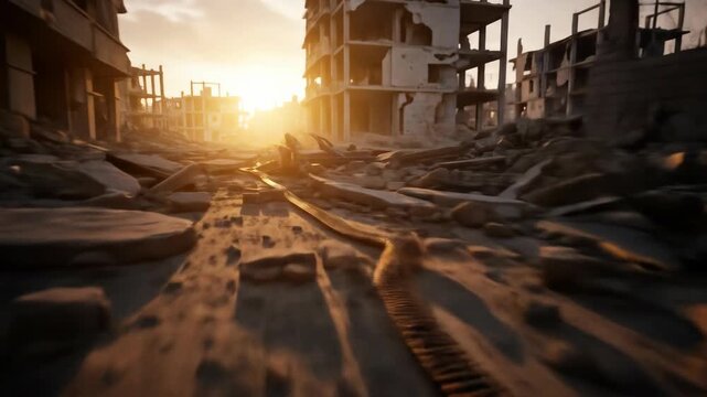 War torn city street at sunrise with rubble and ammunition belt, ruined buildings, conflict zone and war concept.