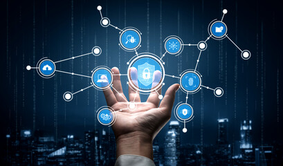 A futuristic hand showcases digital icons that symbolize security, technology, and connectivity against a dark cityscape backdrop, representing modern cyber environments. Tessel