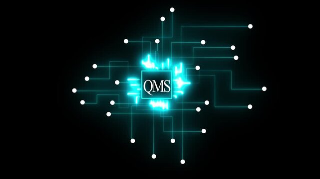 Cyan glowing circuit board with QMS logo on black background technology network
