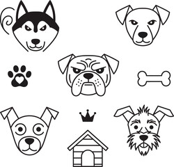Obraz premium Collection of simple outline dog faces and pet accessories icons, including food bowl, bone, collar, paw, dog house, ball, leash, and dog food can