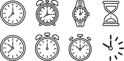 Fototapeta premium Set of Time and Clock Outline Icons - Alarm, Watch, and Hourglass Line Art Vector