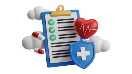 Modern healthcare checklist with heart, shield, and pills for health insurance