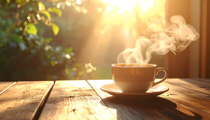 Coffee cup with soft steam rising, placed on a wooden table, warm and cozy morning scene