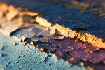  Weathered Palette of Time: A close-up showcases the beautiful deterioration of paint on a surface, revealing a rich history through the peeling layers of color and texture.