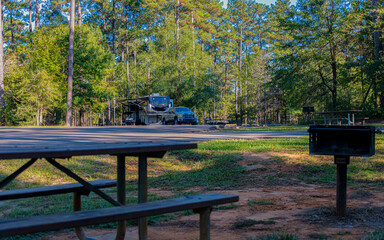 A peaceful campsite is nestled among tall pine trees. An RV and car are parked in the distance, with a picnic table and grill in the foreground.