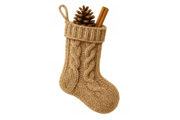 Knitted christmas stocking with pine cone and cinnamon stick, rustic holiday decoration on transparent