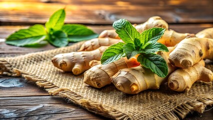 Freshly harvested ginger root and mint leaves arranged on burlap fabric on a rustic wooden tabletop for healthy cooking and natural remedies