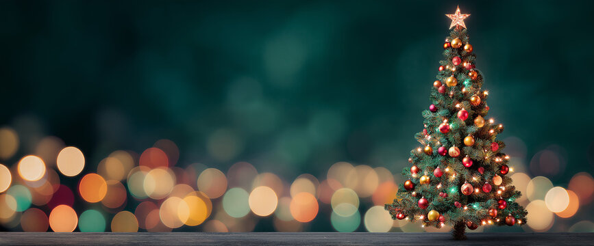 christmas tree with decorations on a dark purple background with bokeh lights