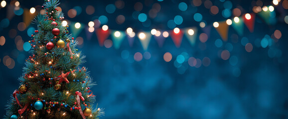 christmas tree with decorations on a dark purple background with bokeh lights