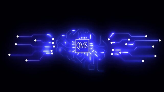 Blue Glowing Circuit Board Lines and Dots with QMS Logo on Black Background technology network