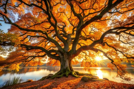 Majestic ancient japanese maple tree ablaze with vibrant autumn foliage bathed in golden sunset light beside a tranquil reflective lake