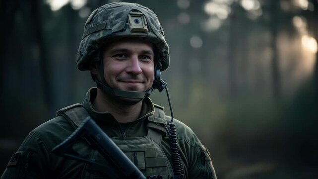 One person soldier in military uniform with rifle stands in forest, war concept