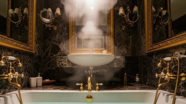 Luxurious marble bathroom interior with steaming bathtub, gold fixtures, and vintage mirrors. Luxury and relaxation concept. Hot water. - Powered by Adobe