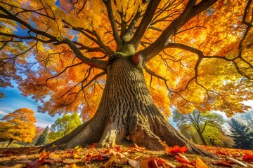 Majestic ancient oak tree with vibrant golden orange and red autumn foliage illuminated by warm sunlight in a forest clearing with fallen leaves on the ground