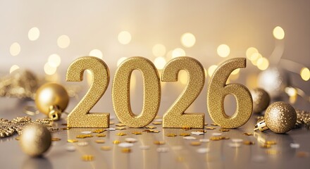 Golden 2026 New Year Celebration with Festive Decorations.
