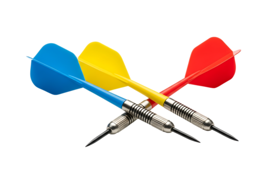 Three colorful dart arrows with silver barrels isolated on transparent background