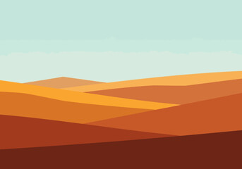 Layered undulating hills in warm orange yellow and brown tones beneath a pale blue sky