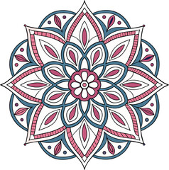 A mandala with symmetrical floral patterns in pink, blue, and white hues, featuring layered petals and intricate leaf designs, conveying a sense of harmony.