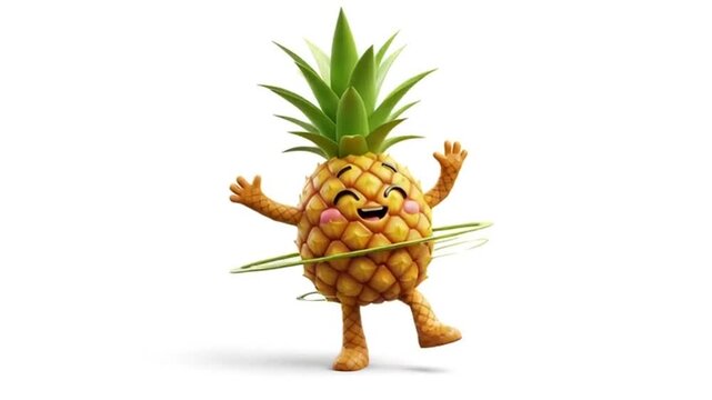 Animated pineapples engaging in playful hula hoop exercise on a clean white canvas with vibrant