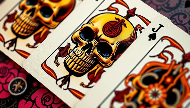 Close-up of skull-themed playing cards, showing intricate details,  bones,  photography