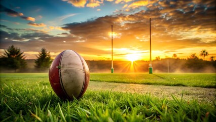 Rugby ball resting on lush green grass field at sunrise with golden sunbeams and dramatic clouds illuminating the stadium goalposts in the distance