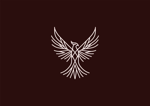 A stylized phoenix logo in fine line art, depicting rising wings and rebirth energy, combining symmetry and flow for a creative modern vector illustration concept