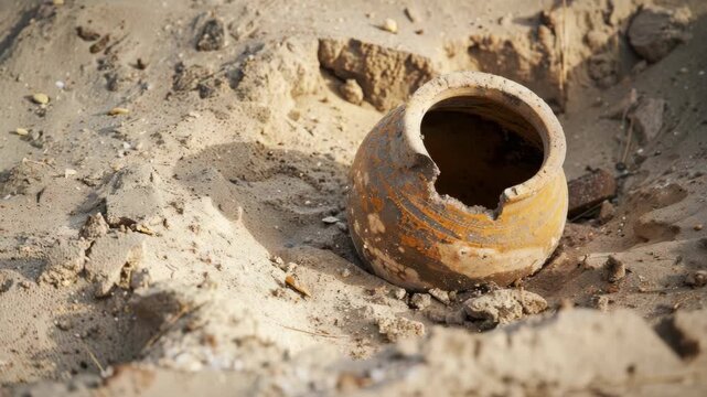 Ancient broken clay pot partially buried in sand