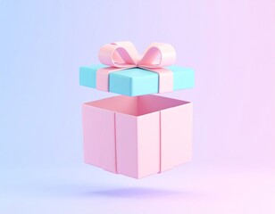 Obraz premium 3D render of a pastel pink and blue gift box with a pink ribbon floating open