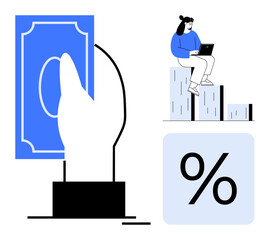 Hand holding banknote, percentage symbol, and woman using a laptop while sitting on bar chart. Ideal for finance, investment, growth, analytics, banking economics budget planning. Simple flat