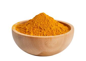 turmeric powder in wooden bowl on white background.