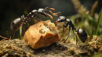 Two ants work together to eat a piece of bread in the forest. Stock photo