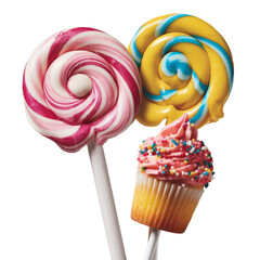 sweet treats: lollipops and cupcake isolated on white background.