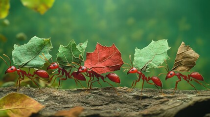 Ants carry leaves on wood for nature or teamwork images